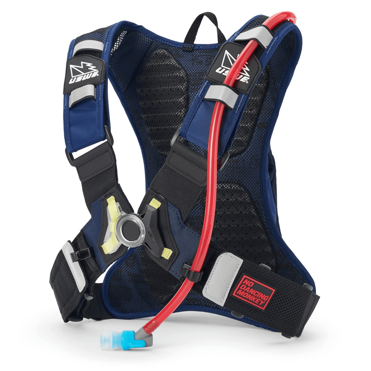 USWE Hydro 3L Blue Hydration Backpack - back view with NDM 1.2 harness and hydration tube