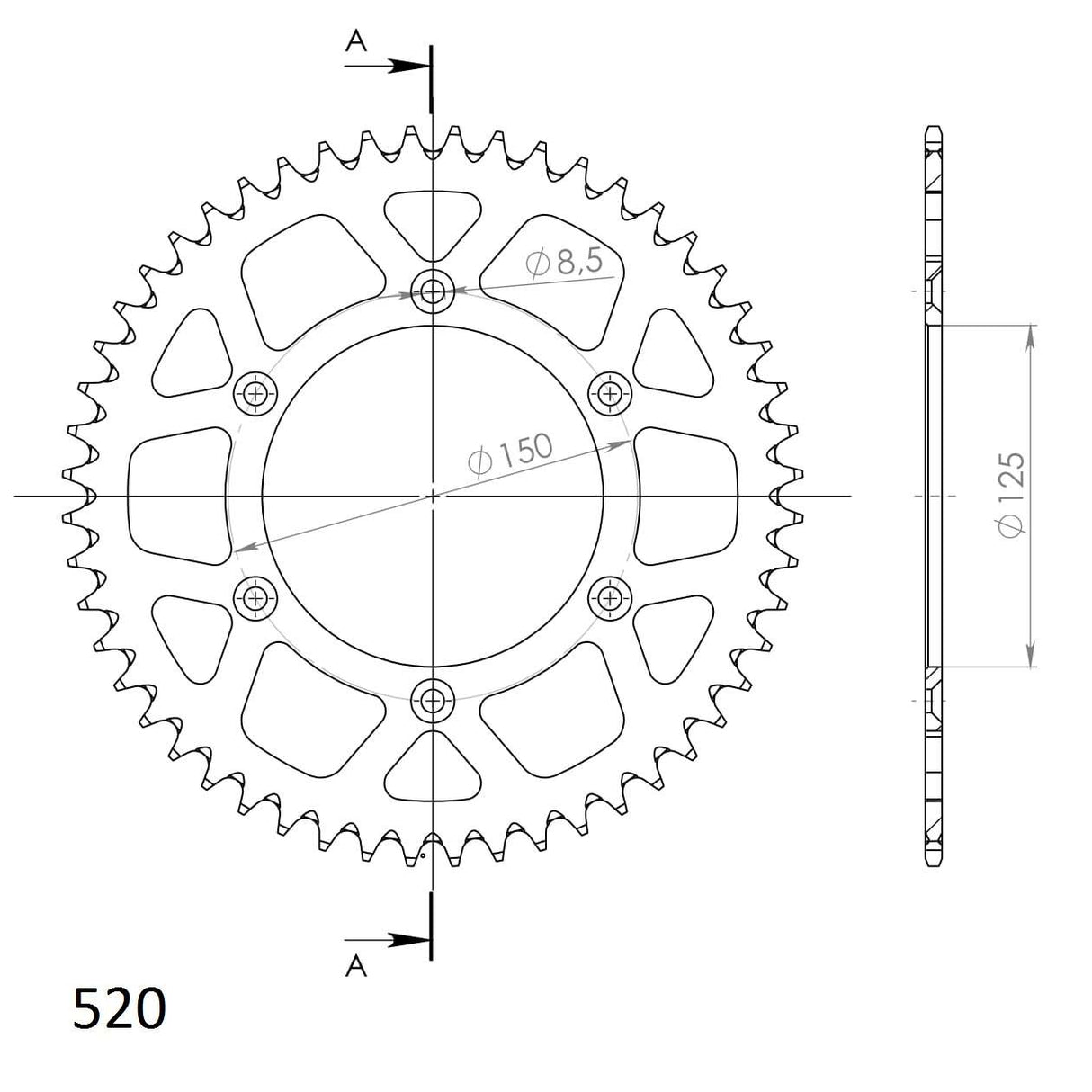 Supersprox Rear sprocket 52 Teeth (52T) KTM/Husqvarna/GasGas 1990-2026 Aluminium 520 dimensions