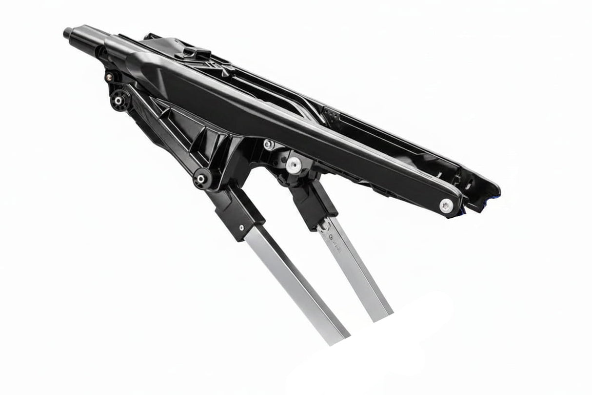 A close-up of a bicycle frame's rear triangle section, featuring a black top tube with a bright yellow accent stripe, silver-colored bottom bracket spindle arms, and a blue seat tube, isolated on a white background.