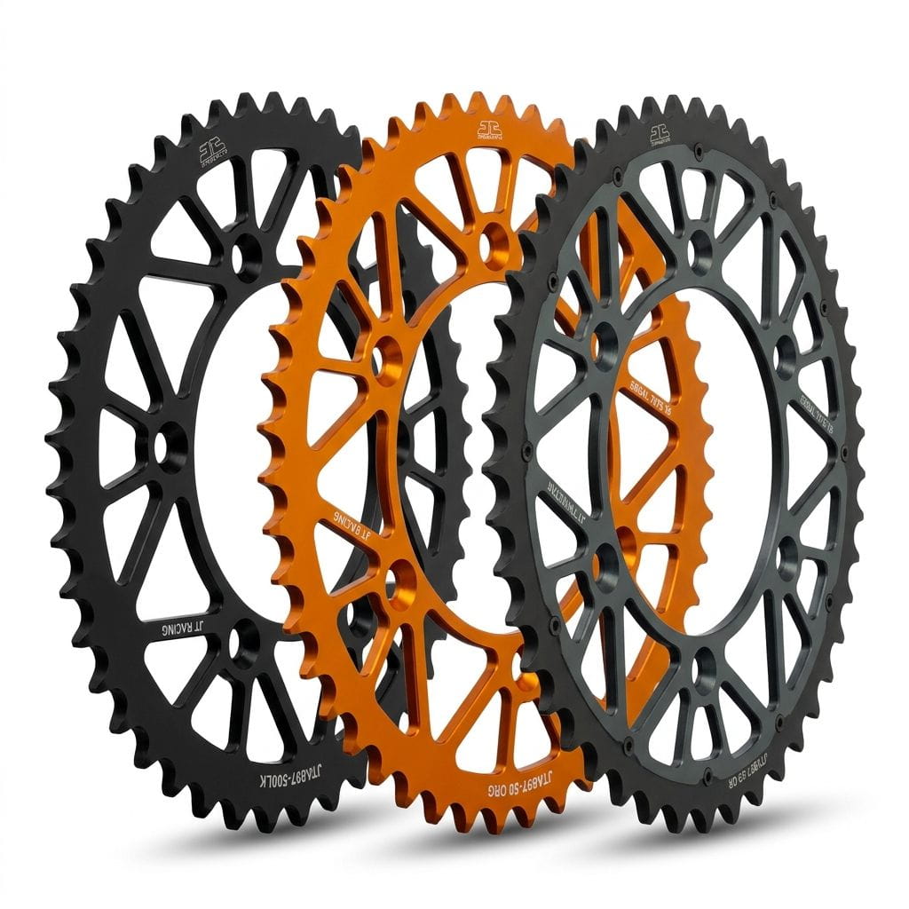 JT Rear sprocket 50T KTM/Husqvarna/GasGas — Aluminium black, orange and alu-steel hybrid graphite